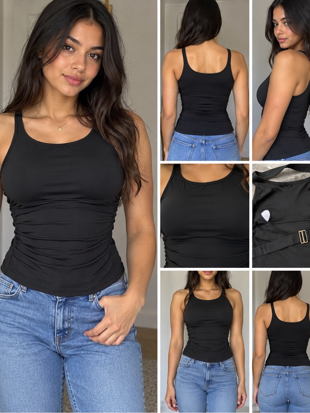 Sleek Black Ruched Tank Top with Slim Straps - Women's